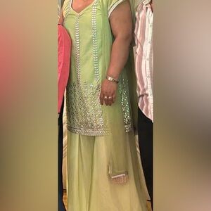 Elegant Green and Silver Embroidered Sleeveless Kurtha